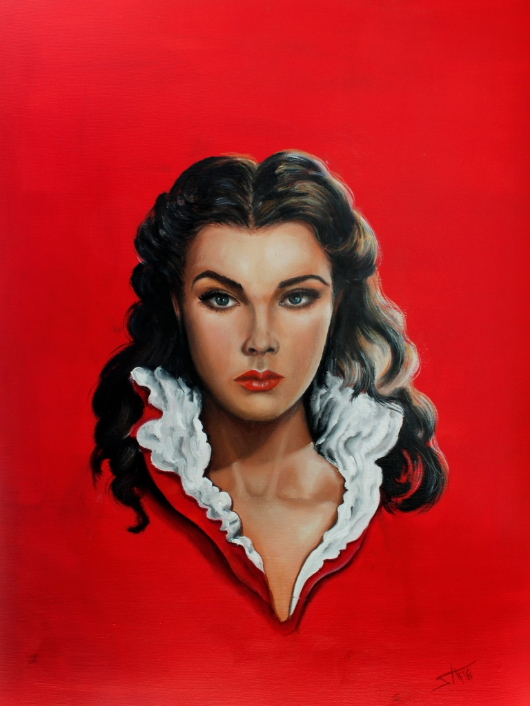 A portrait of a woman is placed upon a red background. The woman as prominent features. She has dark eyebrows, blue eyes, and red lips. The woman seems to be staring at someone with a stern look on her face. One of her eyebrows is slightly raised. The woman has medium length, brown, wavy hair that is in a half updo. The woman's red clothing blends into the background, but her frilly, white collar is displayed. 